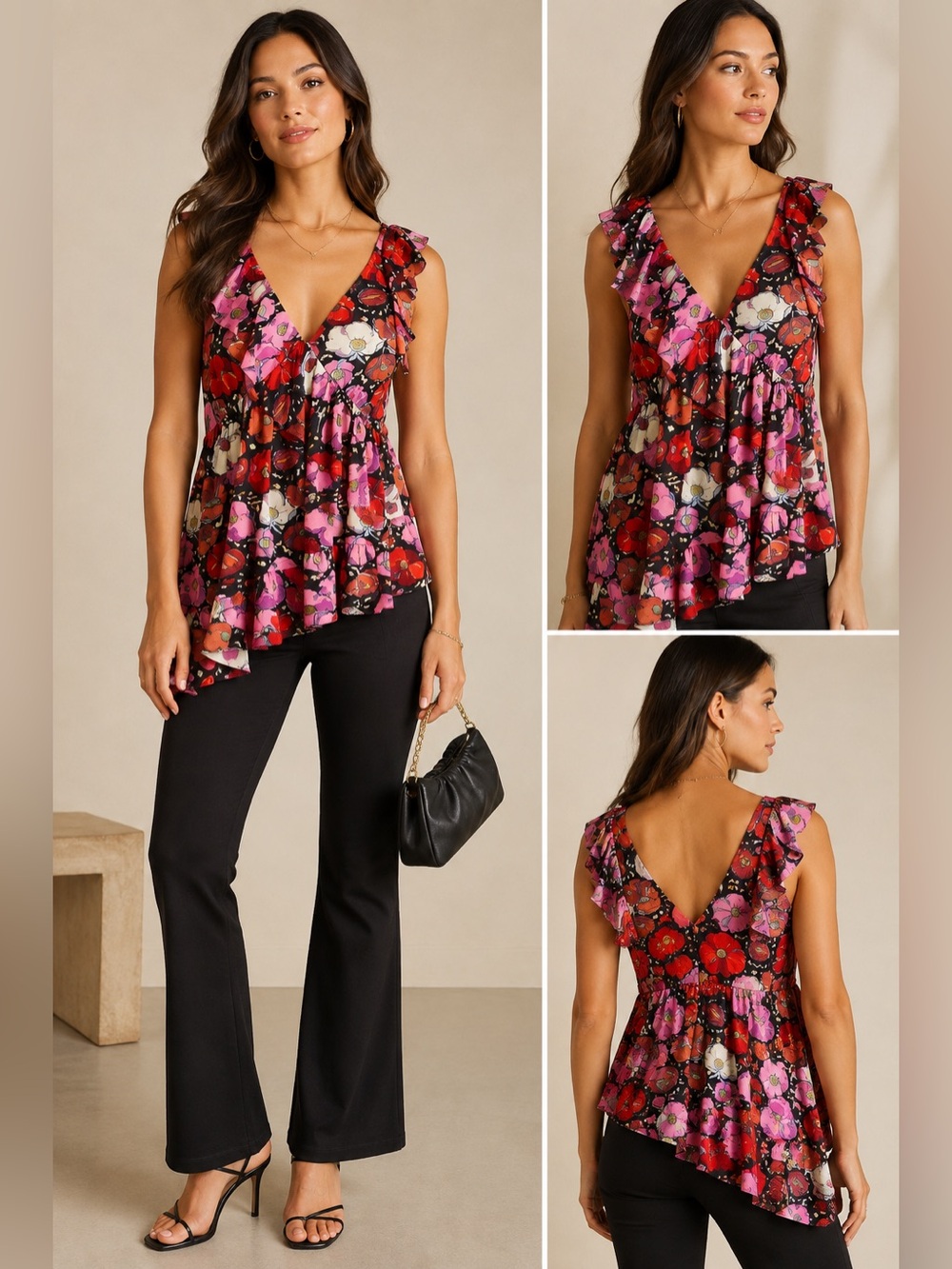 Cinq à Sept Naomi Floral Ruffle Asymmetric Top – Size Large – EUC